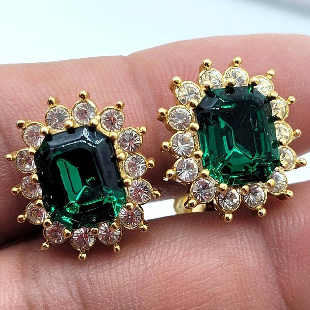 Faux Emerald & CZ Clip On Earrings Gold Tone Timeless Classic